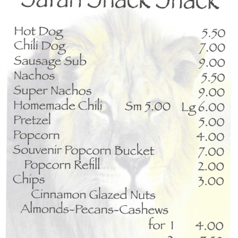 Safari Snack Shack Menu