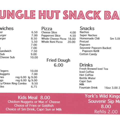 Jungle Hut Snack Bar Menu