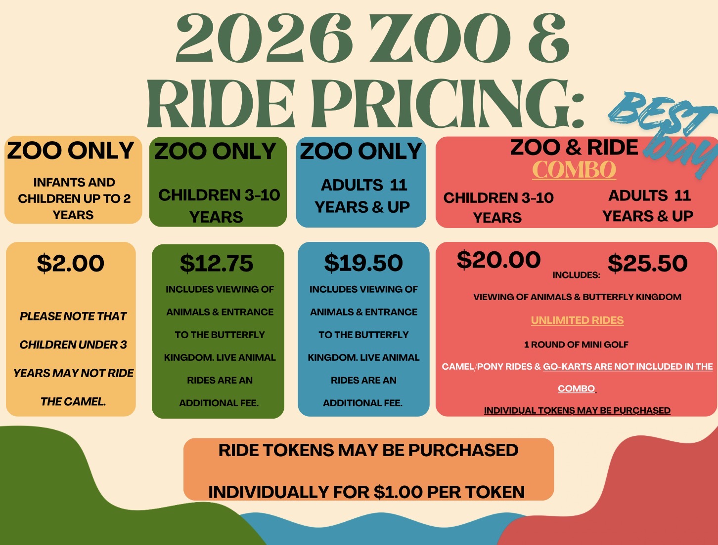 Colorful pricing chart for zoo and ride tickets with various options and age categories for 2026.