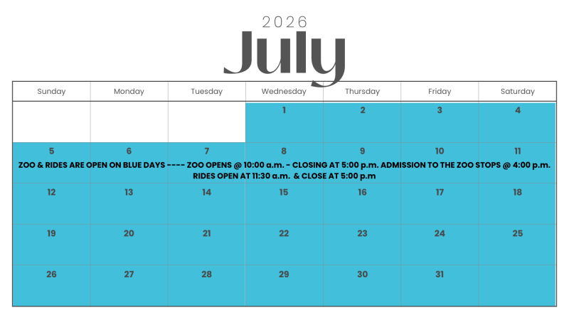 July 2026 calendar with blue highlighted days when the zoo and rides are open.