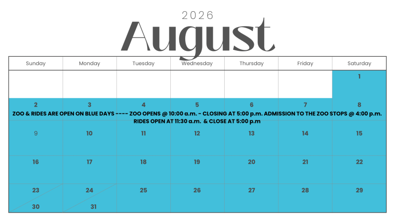 August 2026 calendar with blue days indicating zoo and rides open with specific times.