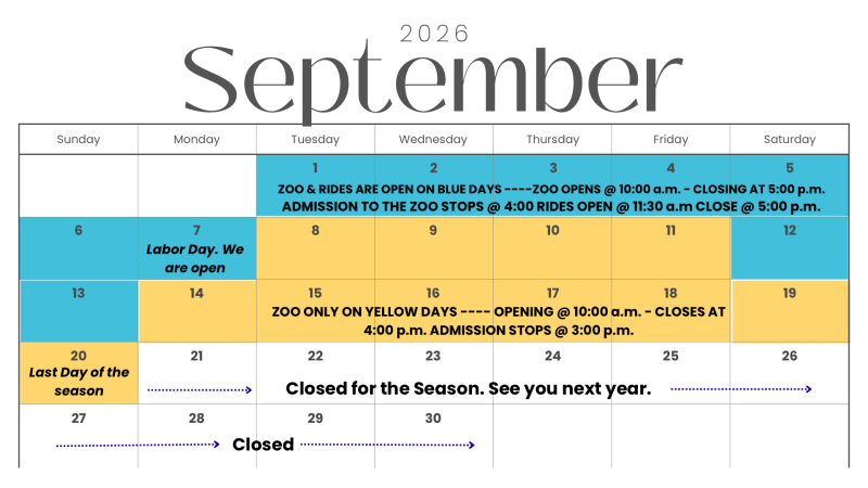 September 2026 zoo schedule with blue and yellow days; last open day is September 20, then closed for season.