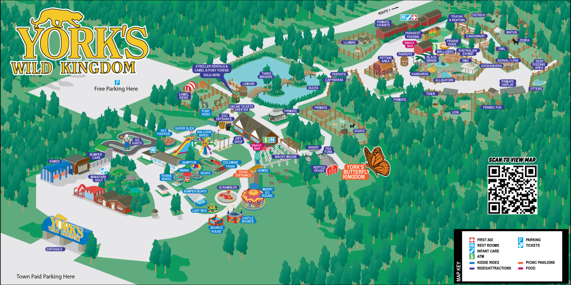 Illustrated map of York's Wild Kingdom with attractions, paths, and a QR code for more details.
