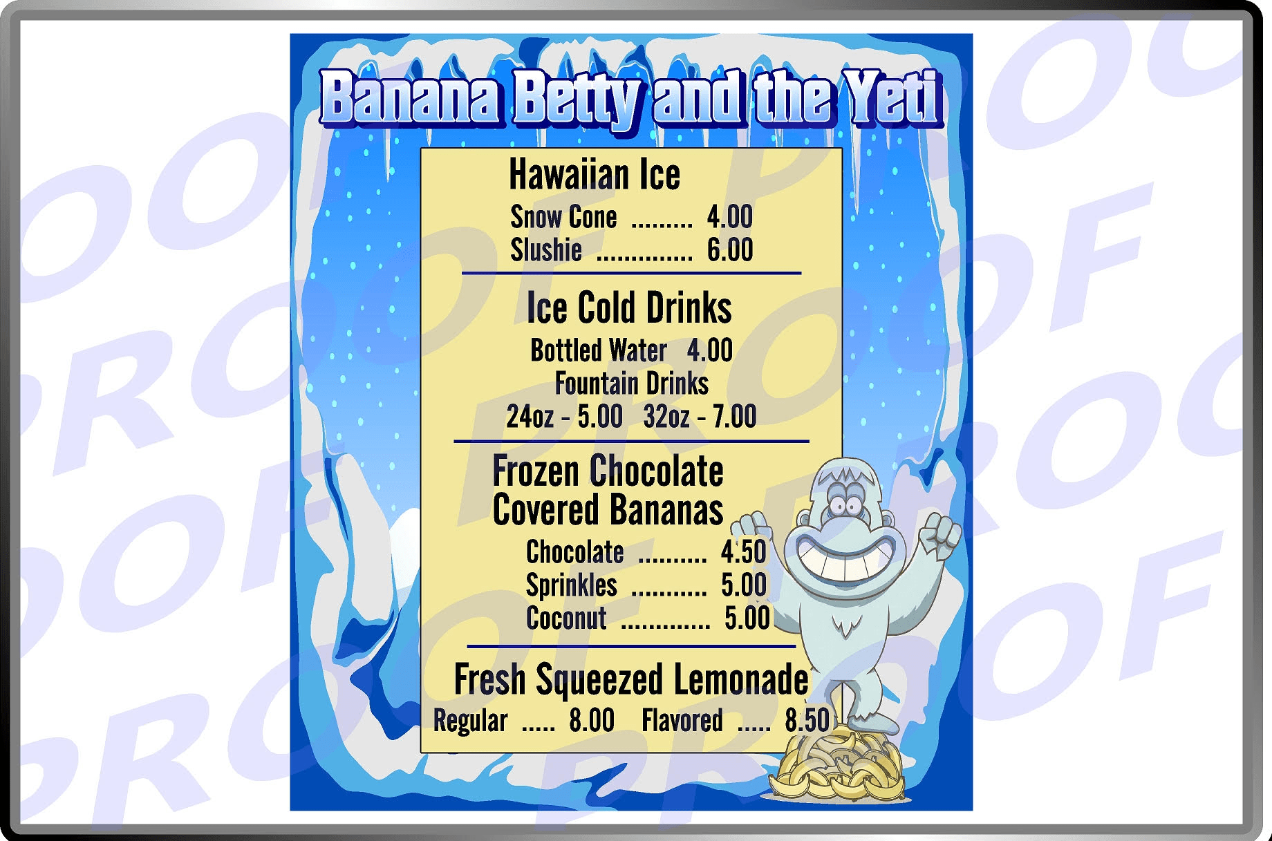 Menu with drinks and desserts, cartoon yeti on the side.