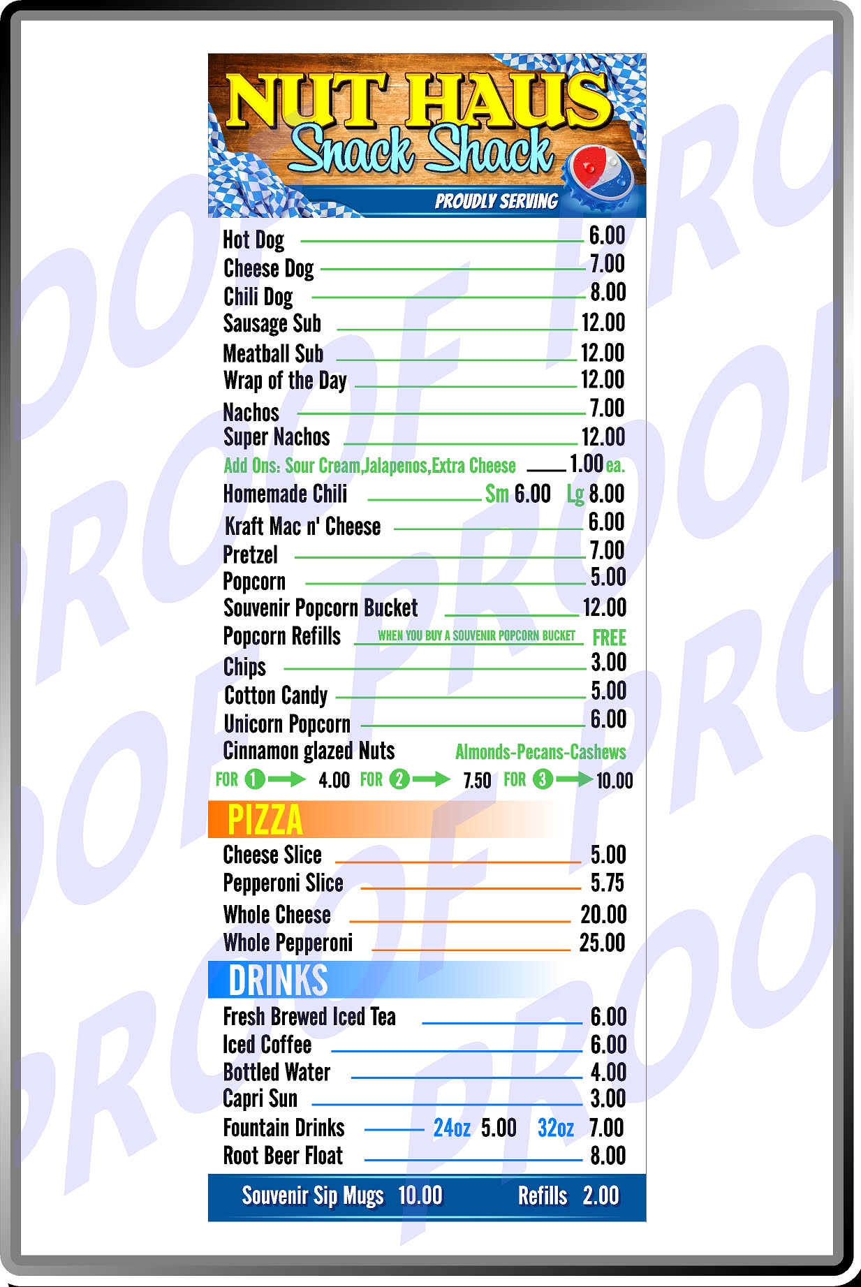 Menu titled 'Nut Haus Snack Shack' with various food and drink options.