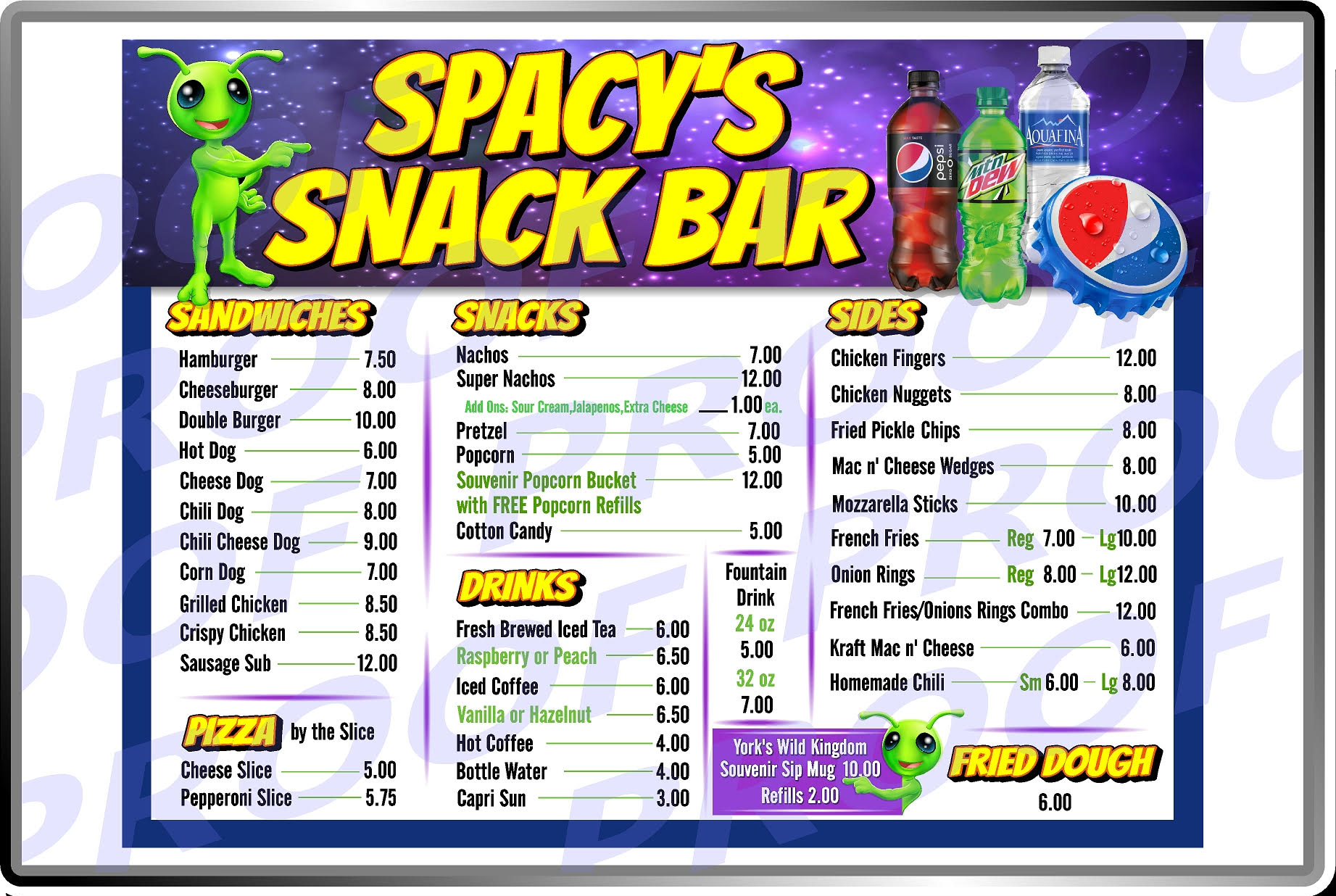 Colorful snack bar menu with food items, prices, and cartoon alien illustration.