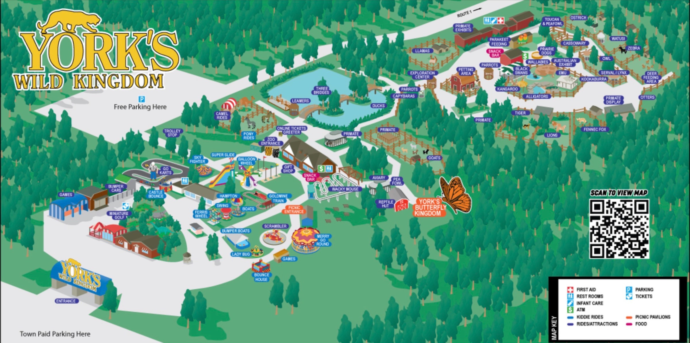 Illustrated map of York's Wild Kingdom showing rides, attractions, and pathways.