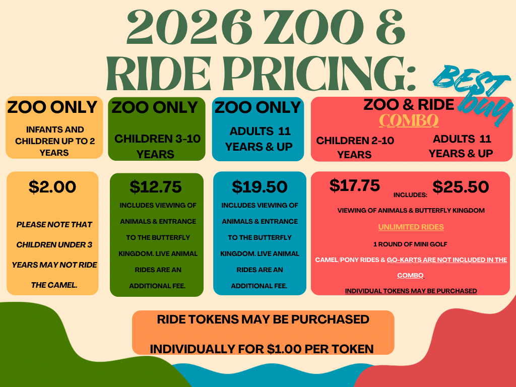 Colorful 2026 zoo and ride pricing chart with four ticket options.