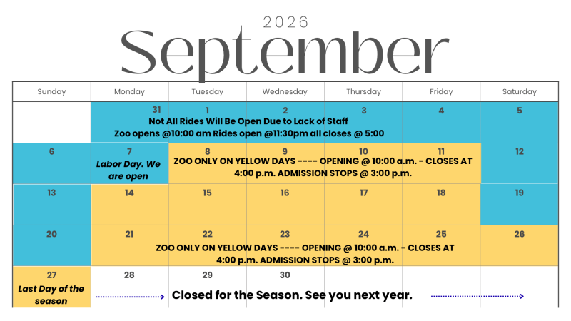 September 2026 calendar with zoo opening days and hours highlighted in yellow and blue.
